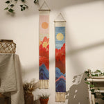 tenture murale bohème paysage montagnes soliel coton orange rouge bleu beige blanc minimaliste