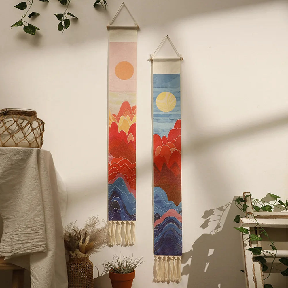 tenture murale bohème paysage montagnes soliel coton orange rouge bleu beige blanc minimaliste