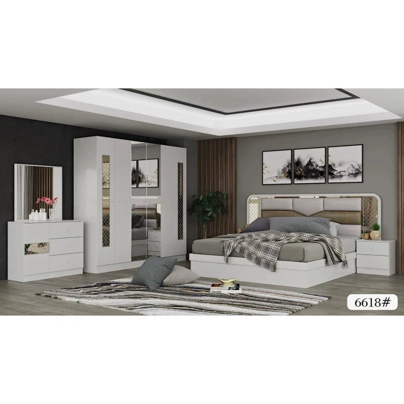 lit tête capitonnée armoire coulissante commode miroir chambre moderne blanc doré