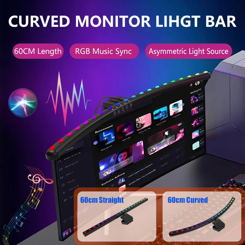 lampe barre lumière moniteur 60cm led rgb noir moderne clips contrôle USB