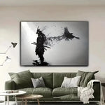 peinture toile samouraï corbeau japonais noir blanc contemporain sans cadre vertical salon decoration