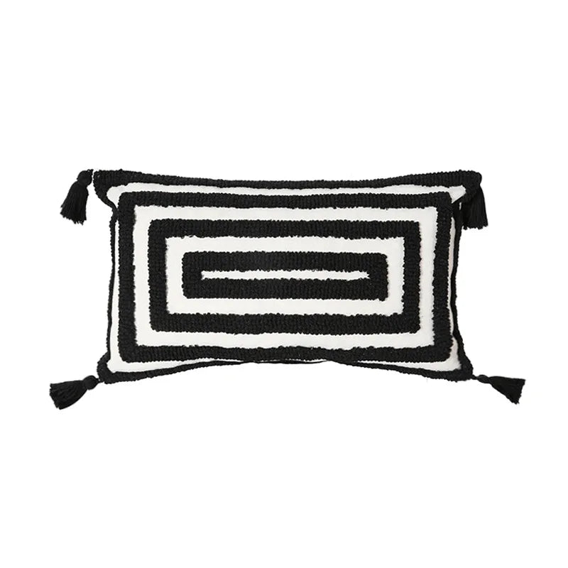 coussin décoratif moderne motif géométrique jaune gris beige texture bouclée canapé salon