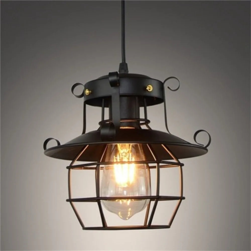 lampe suspendue industrielle cage métallique abatjour noir ampoule filament câble électrique noir