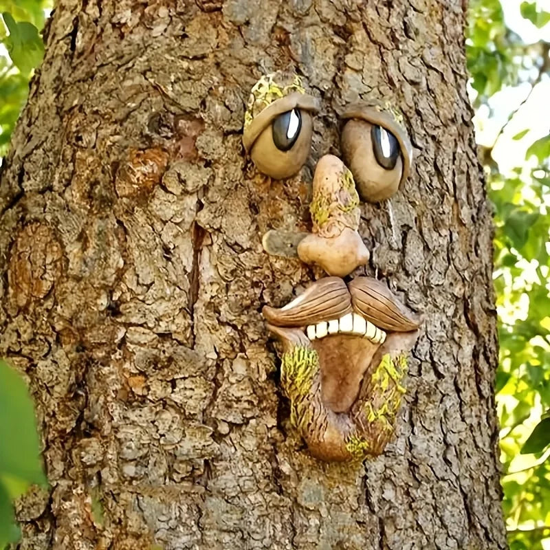 décorations murales résine yeux nez bouche barbe fantaisiste humoristique fixations écorce arbres rustic