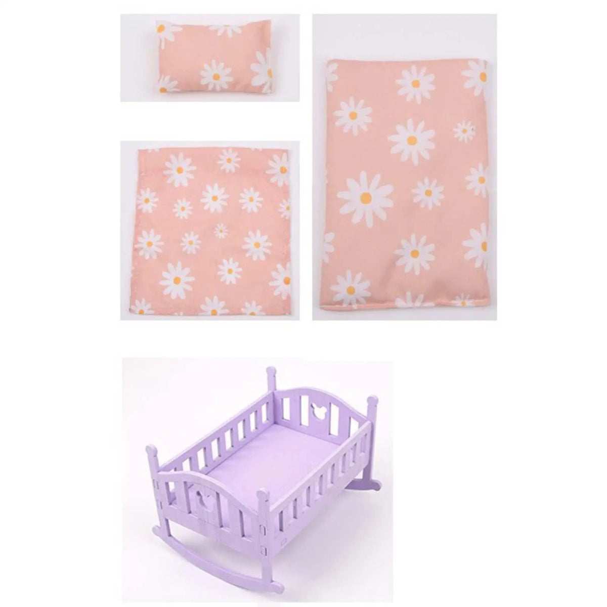 lit balancier poupée violet marguerites blanches fond rose classique deux oreillers couverture