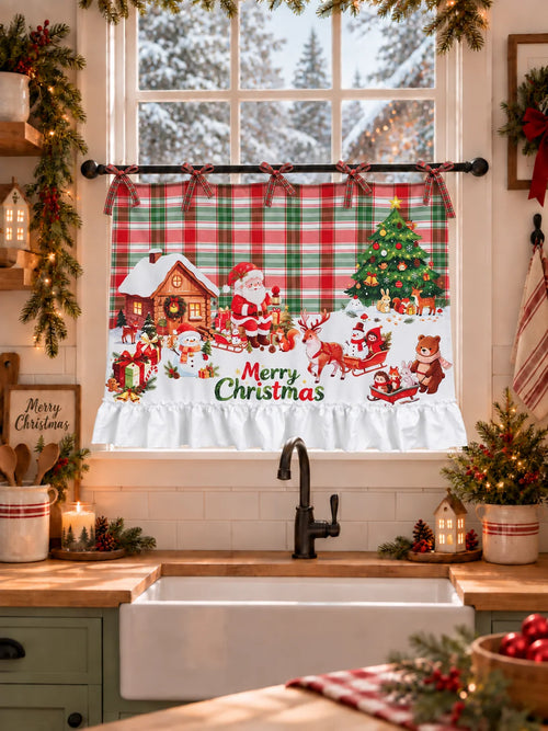 rideau noël imprimé carreaux père noël ours fenetre cuisine rouge vert blanc festive