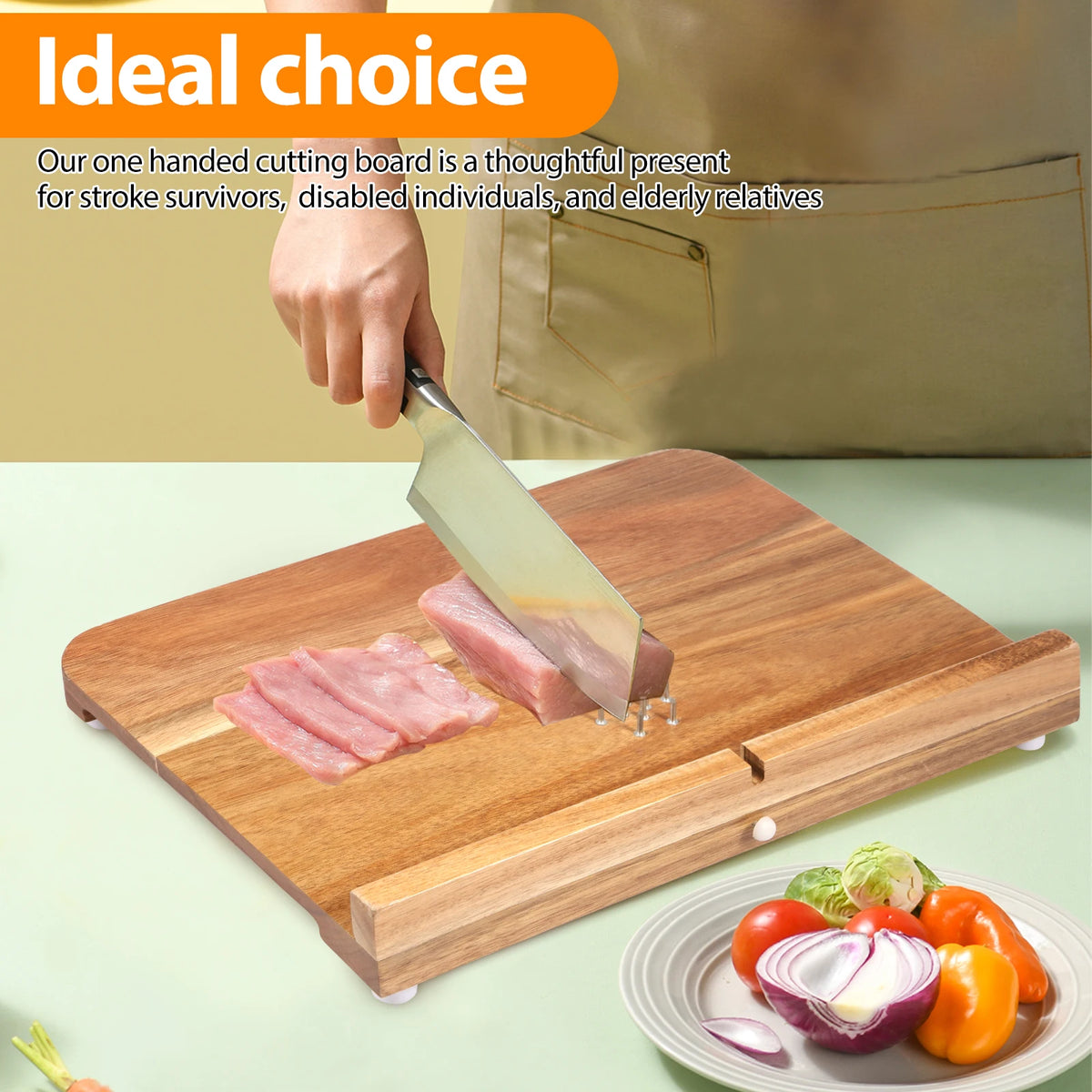 planche découper bois marron clair poignée élastiques fruits légumes adapté personnes âgées
