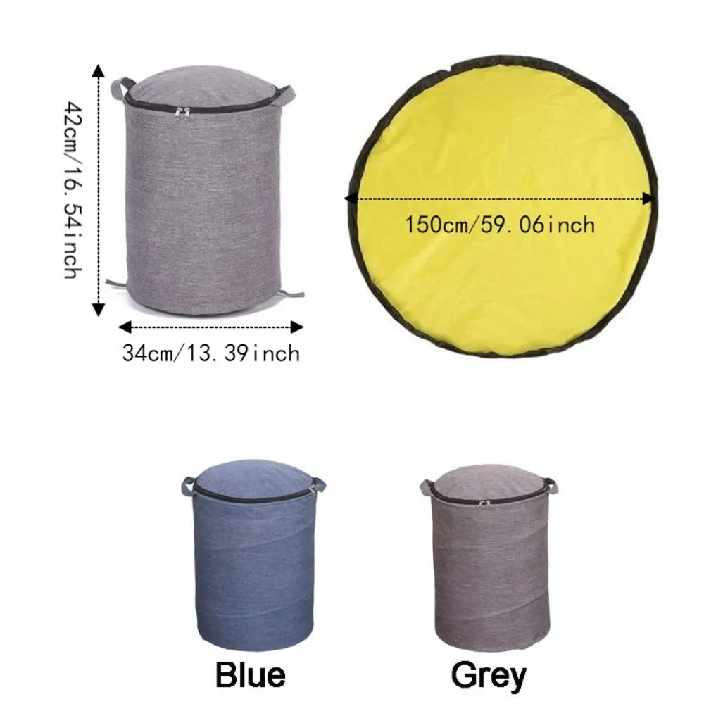 seau rangement réutilisable tissu textile métal zip rangement rapide jouets enfants tapis pliable bleu