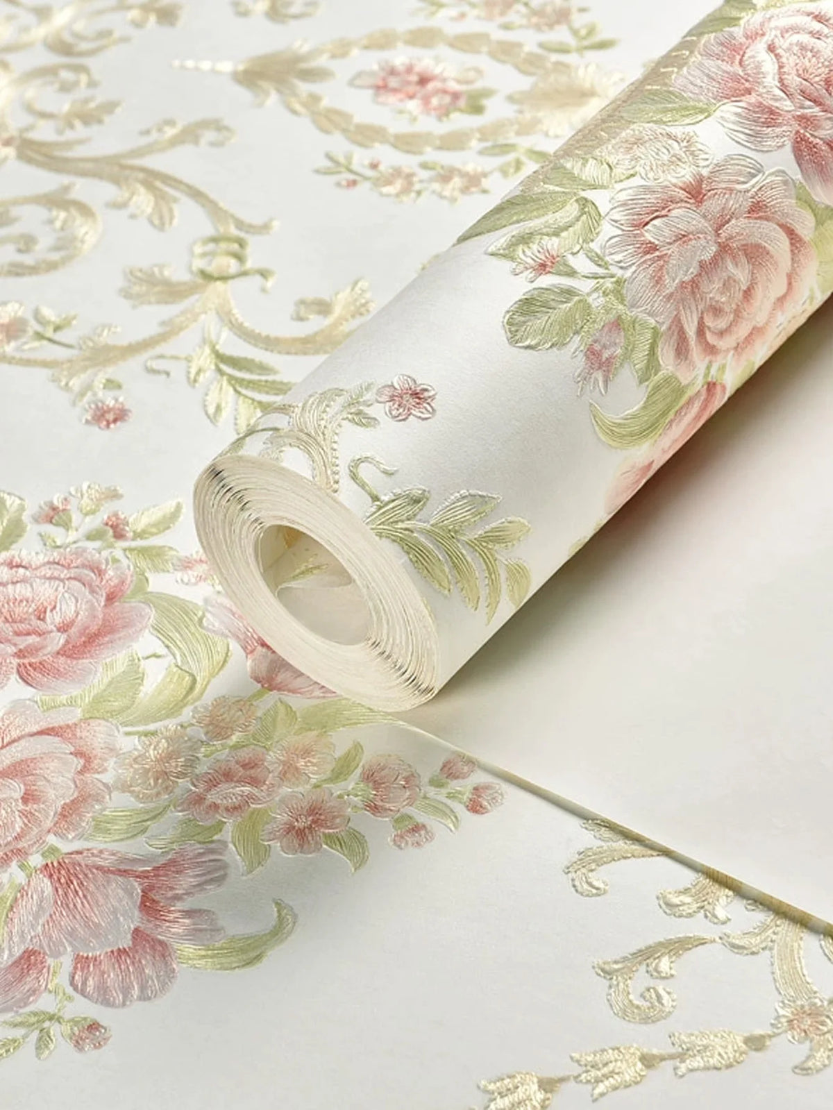 papier peint adhésif fleurs ornements floraux classique beige rose vert