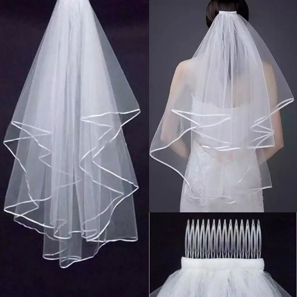 voile mariée blanc tulle fin noeuds satinés clips élégants classiques deux couches transparents