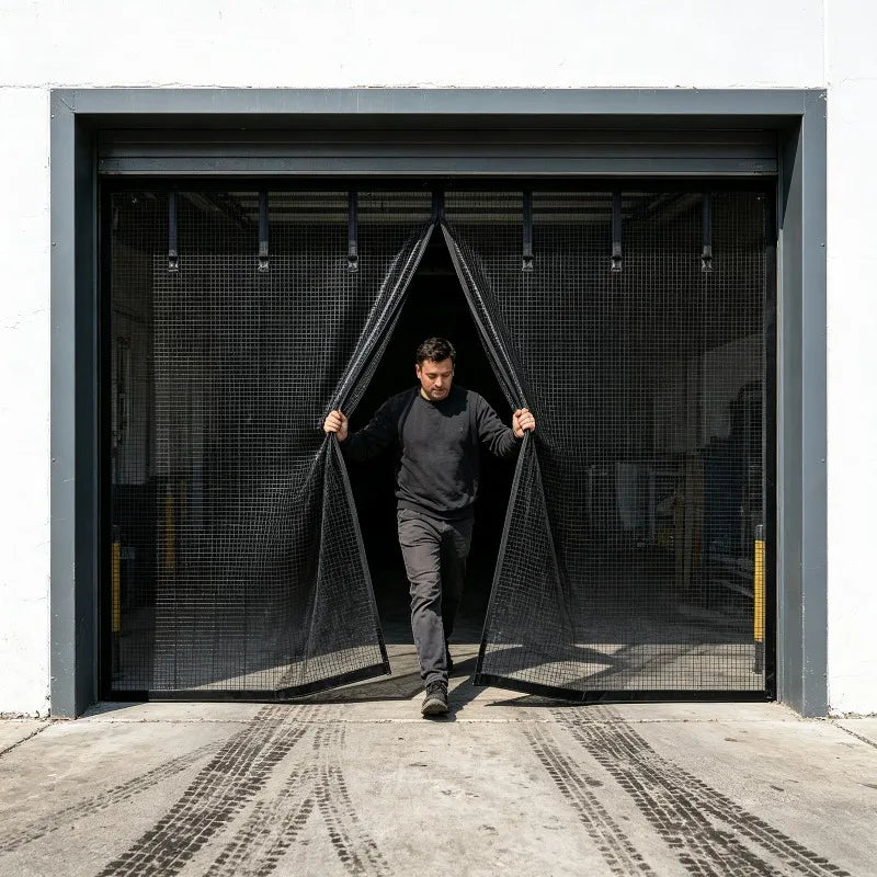 moustiquaire rideau porte garage noir maille fine clips suspension moderne protection insectes atelier patio
