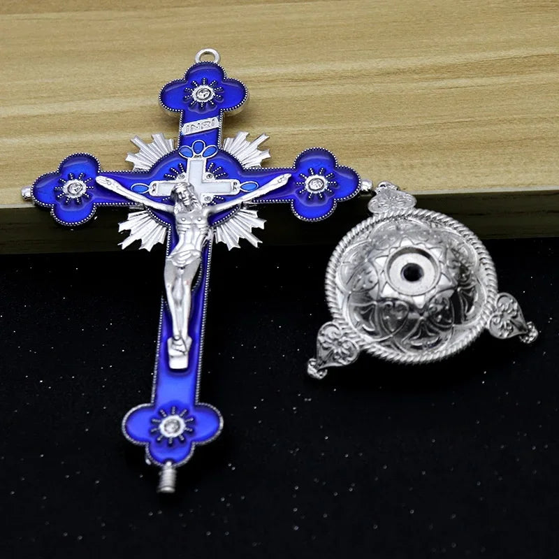 croix murale artisanale or rouge bleu décorative religieuse maison chambre prière fleurs solaires