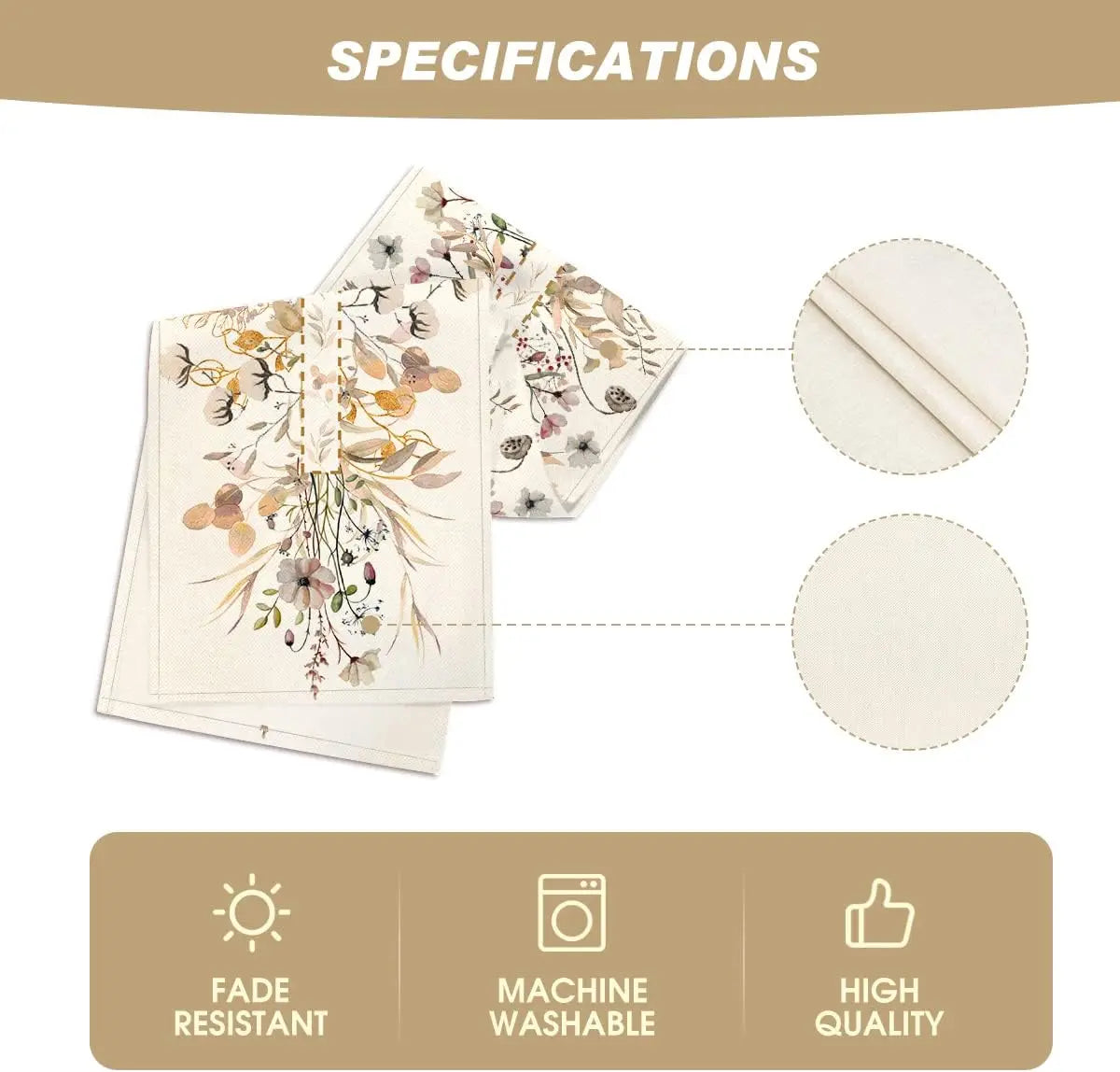 Tissu d'ameublement fleuri beige et blanc avec des spécifications indiquant une résistance à la décoloration, un lavage en machine et une haute qualité.