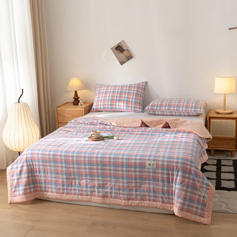 couverture d'été coton pur motif carreaux rose bleu gris lit double grande taille