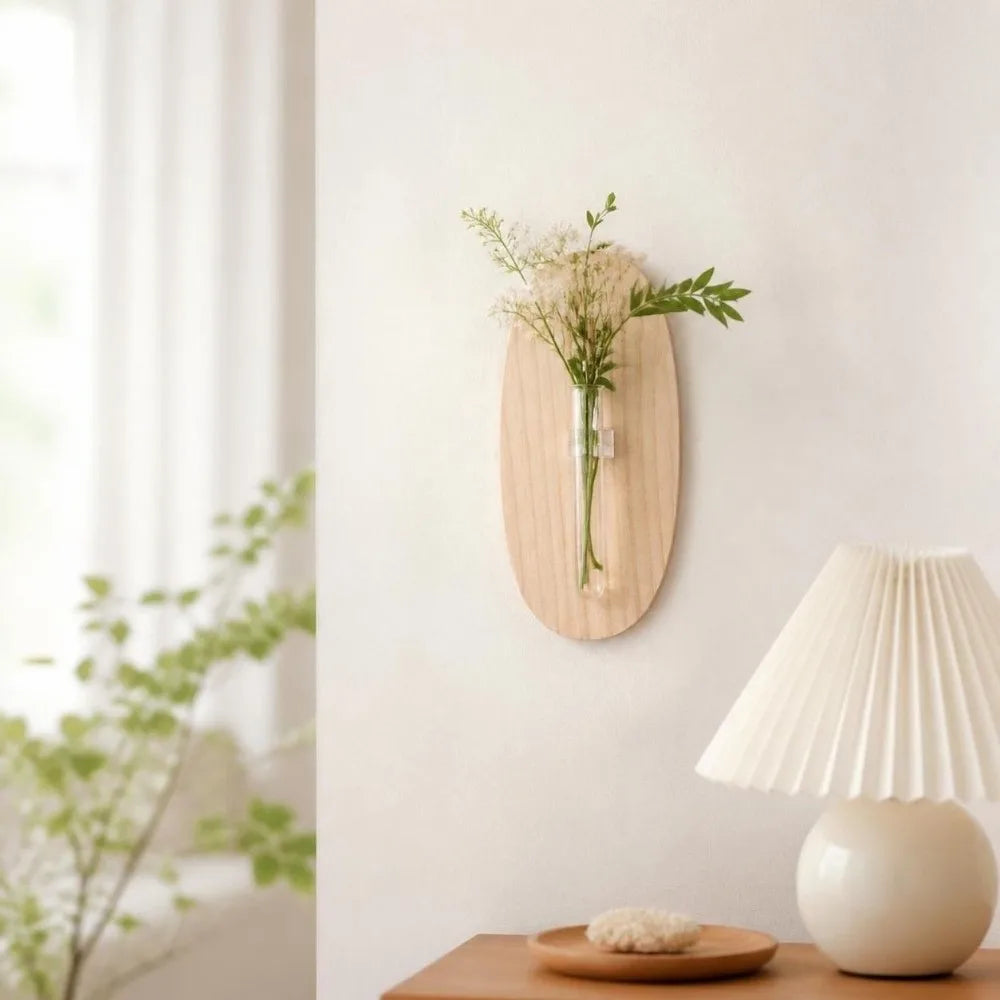 vase mural bois naturel transparent moderne minimaliste décoration murale fleurs vertes