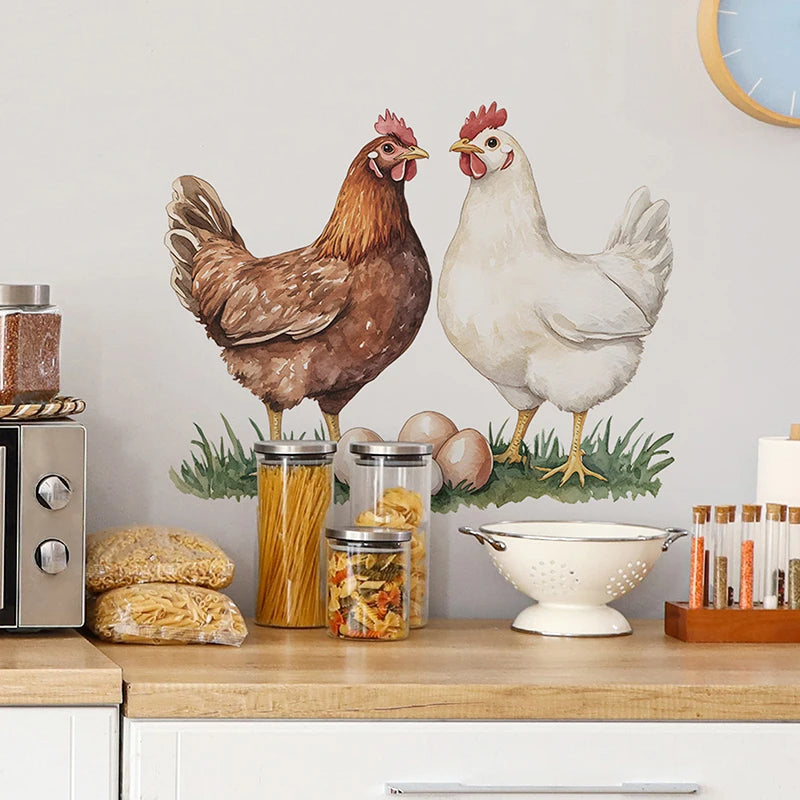 autocollant mural oiseaux coqs œufs herbe verte illustration réaliste marron blanc opacité chambre cuisine
