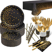 vaisselle jetable fête anniversaire noir or étoiles assiettes gobelets couverts pailles serviettes nappe moderne