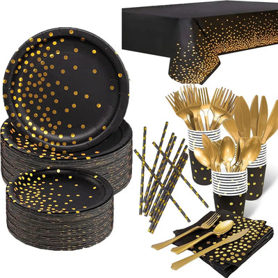 Ensemble vaisselle anniversaire noir et or assiettes gobelets serviettes nappe