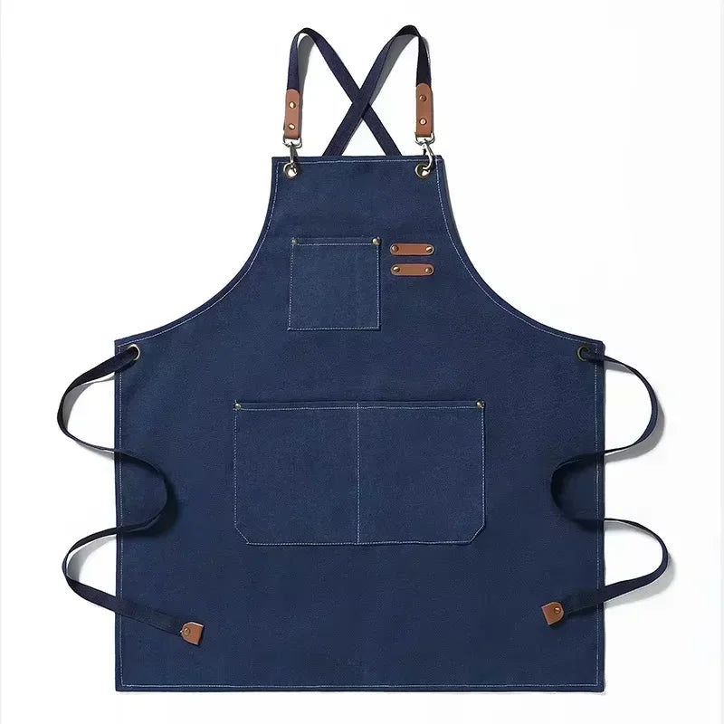 tablier cuisine toile gris classique boucles métalliques poches avant arrière adjustable