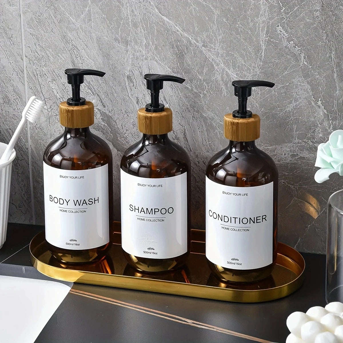 flacons bain marron rechargeables 500ml transparents minimaliste 3pcs pommade opaques Pompe étiquette