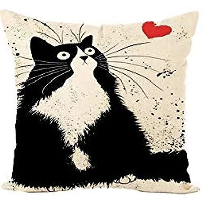 taie d'oreiller lin motif chats noir blanc moderne 45x45cm fixée
