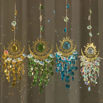 décoration murale or soleil lune artisanal bohème crochets chaines semi transparentes
