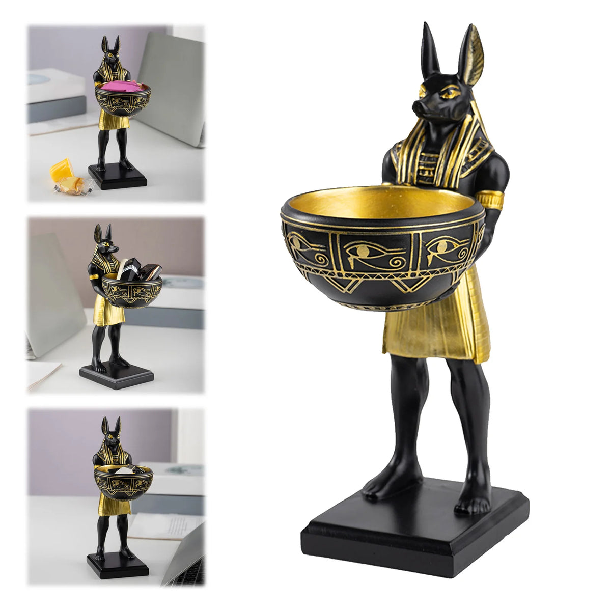 statue égyptienne anubis or noir récipient bijoux clés décorative hiéroglyphes stylée 25cm