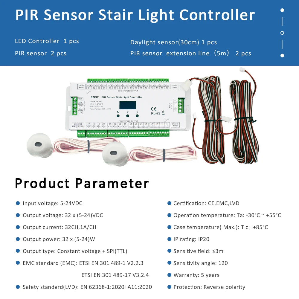 contrôleur d'éclairage escalier détecteur mouvement PIR blanc led strip moderne 12VDC câble affichage oled