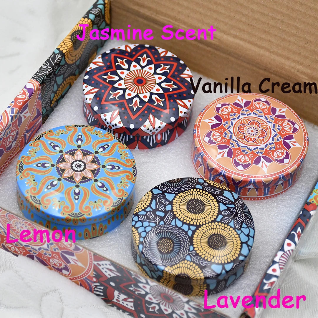 bougies parfumées boho chic motifs floraux violet blanc bleu rouge jaune pack pièces