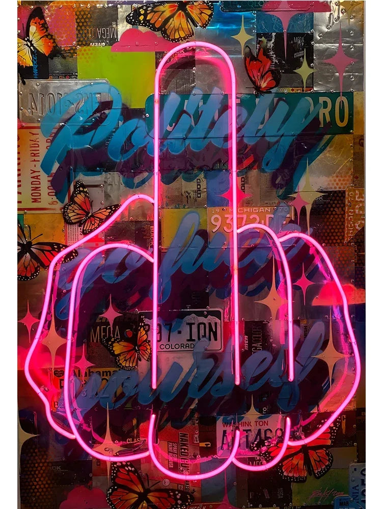 affiche pop art abstraite toile rose papillons lettres graphiques décoration maison salon chambre