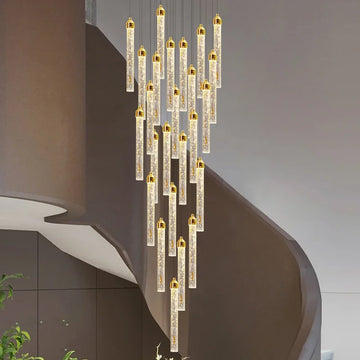 lustre suspension cristal doré moderne luxe salon escalier intérieur lampe décorative élégante