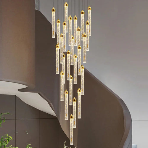 lustre suspension cristal doré moderne luxe salon escalier intérieur lampe décorative élégante