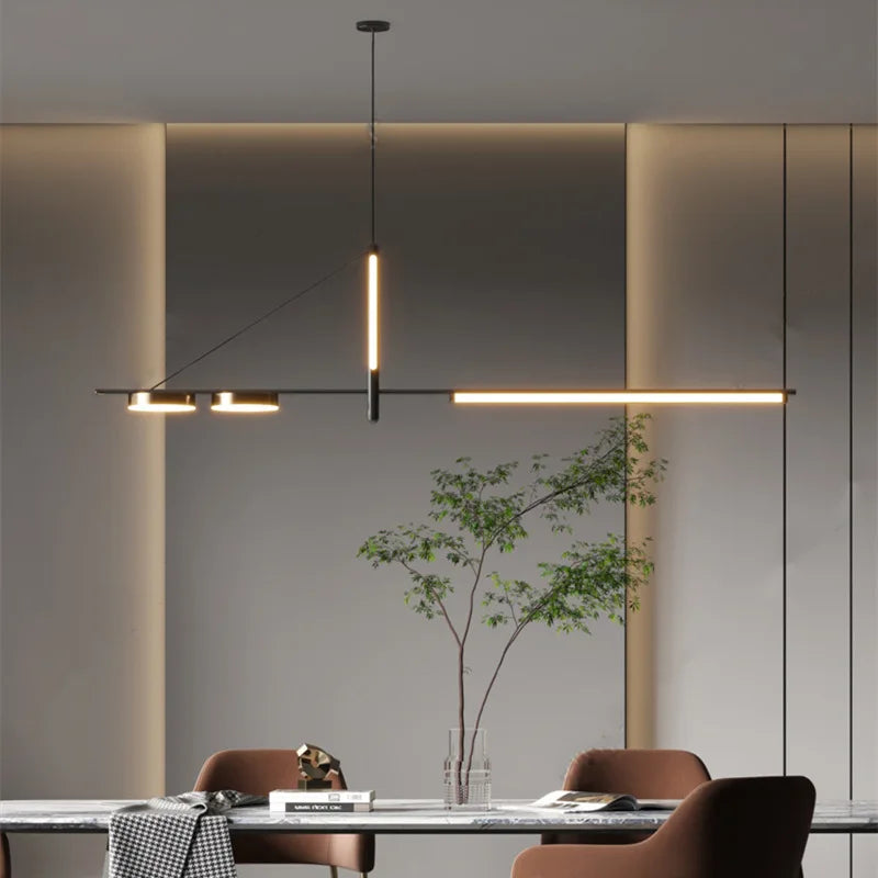 Suspension lumineuse moderne ligne épurée noir doré lumière blanche contemporaine élégante