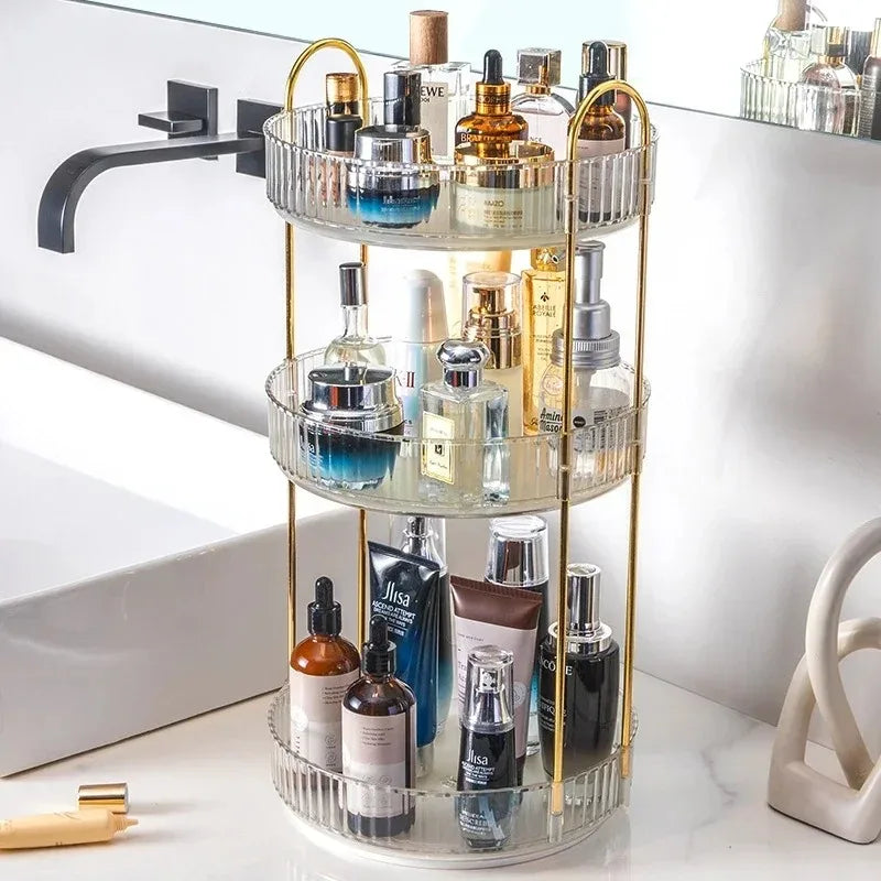 organisateur maquillage rotatif or vert olive moderne élégant extensible multiple rangements bouteilles tubes flacons