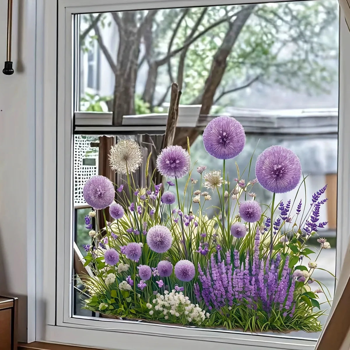 autocollants muraux fleurs violet herbe ciel adhésifs intérieur balcon fenêtre décoration