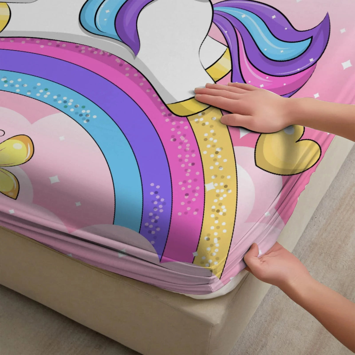drap housse licorne arc ciel dessins animés couleurs vives motif fantaisie lit enfant polyester