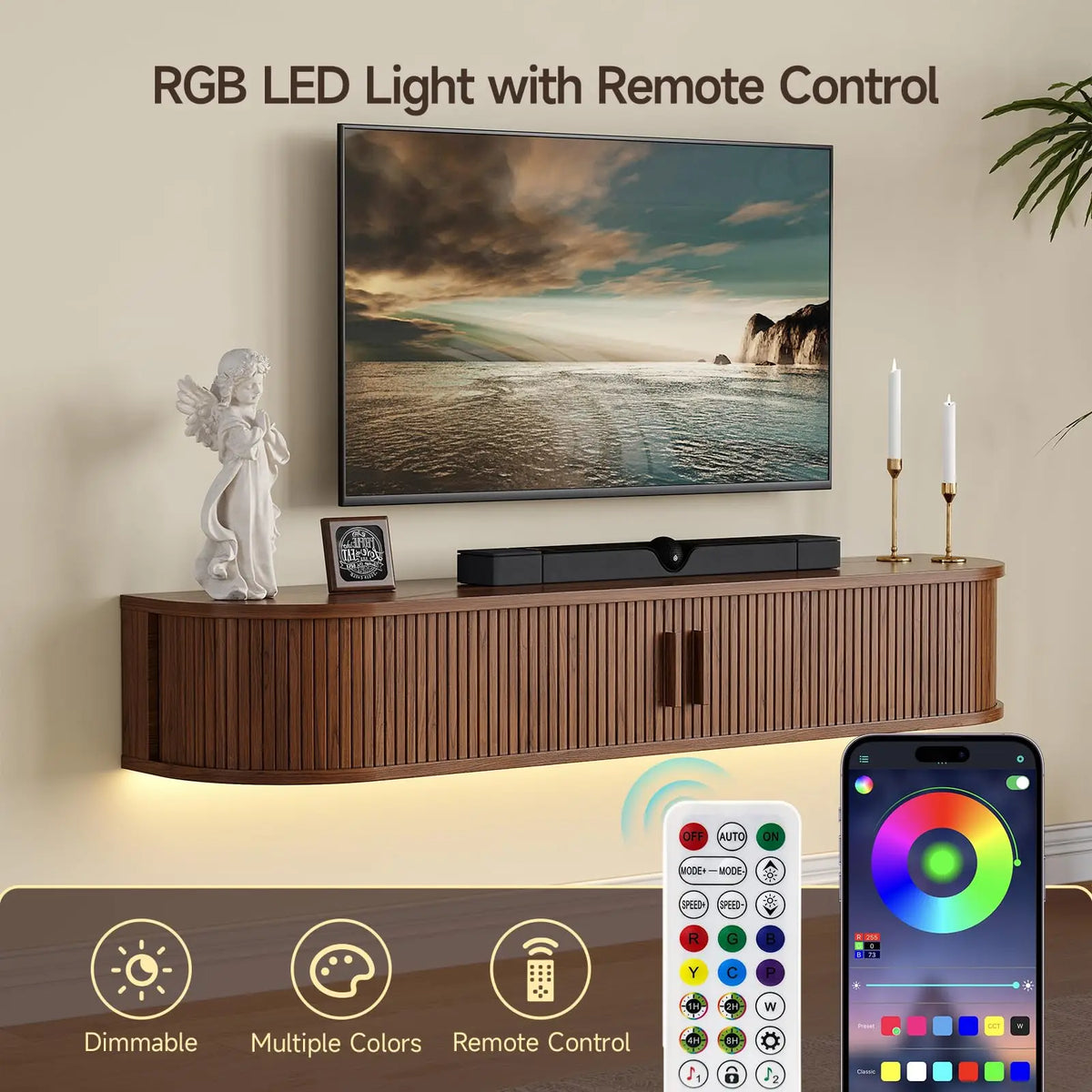 meuble tv flottant bois coulissante éclairage led porte coulissante support tv grande taille décoration