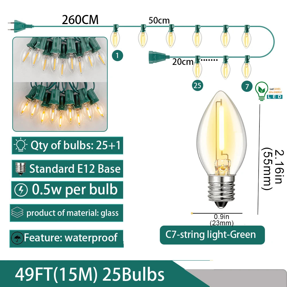 guirlande lumineuse led transparente moderne vert blanc 25ft 10bulb ip44 étanche clips