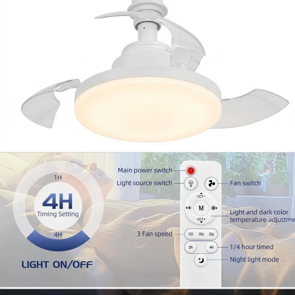 ventilateur rétractable lumière blanc moderne télécommande réglage vitesse luminosité couleur