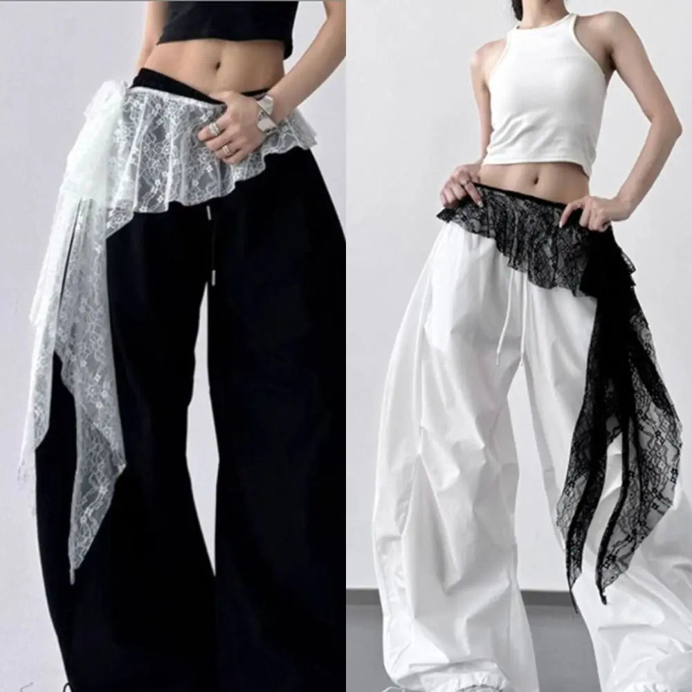 pantalon femme dentelle blanche moderne décontracté élastique taille noir blanc