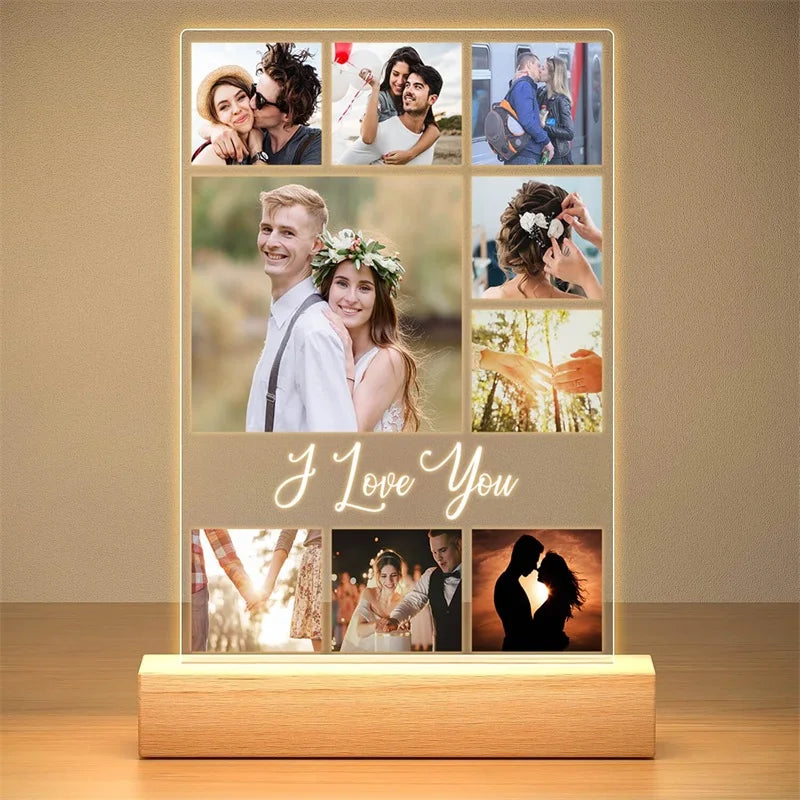 cadre photo lumineux acrylique personnalisé veilleuse led usb bois clair décoration chambre moderne