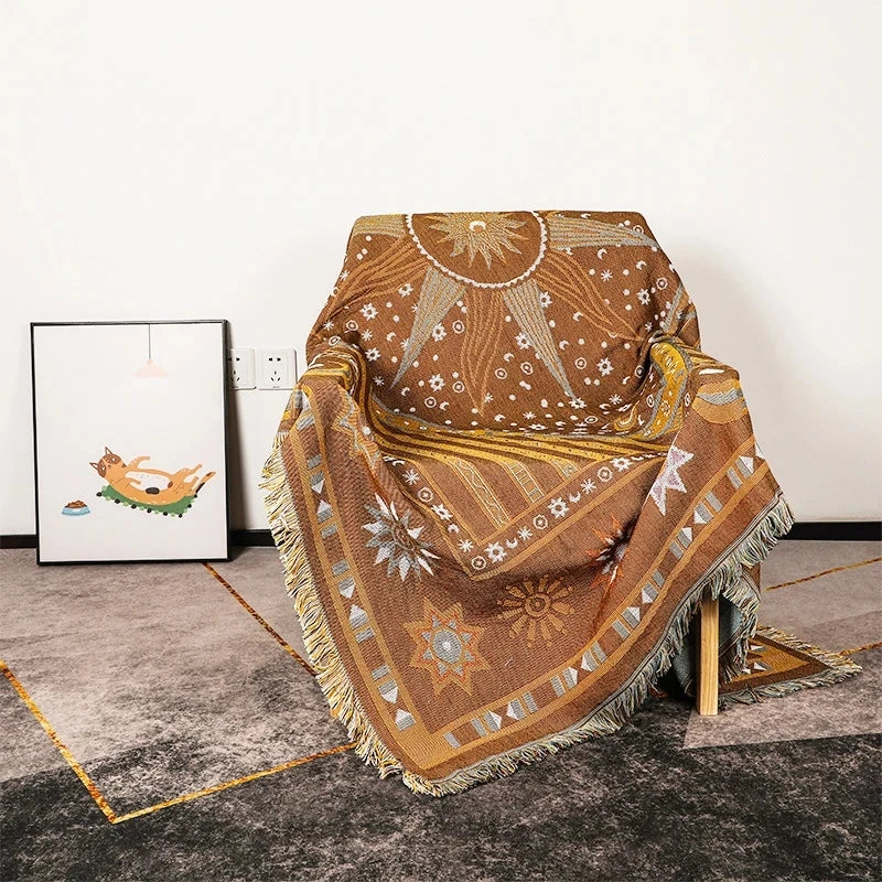 couverture jacquard boho chic marron étoiles lunes cercles anti boulochage printemps automne decoration exterieure