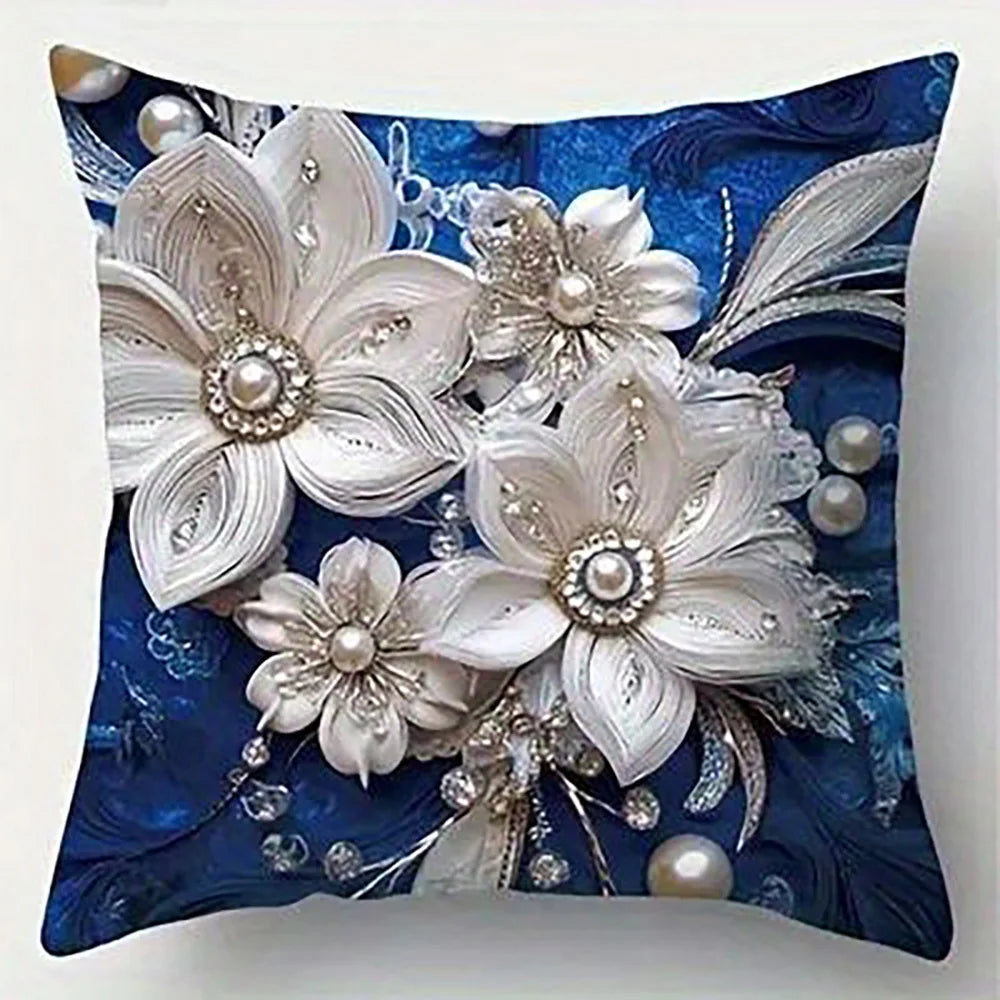 coussin élégant bleu fleurs dorées classique 45x45cm polyester casa chambre decoration