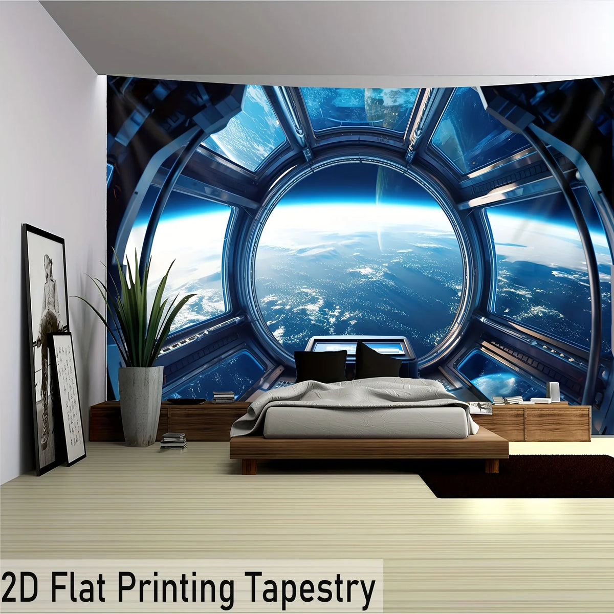 tapisserie moderne vue spatiale planète terre bleu noir blanc salon chambre coucher polyester imprimée