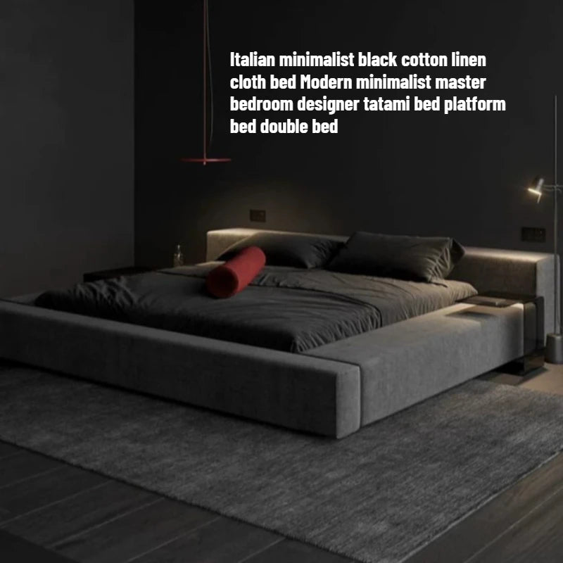 lit matelas double moderne minimaliste gris noir velours tissu uni chambre coucher master bedroom