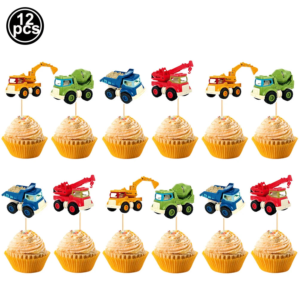 accessoires decoration gateau construction camions grue pelle carton multicolore anniversaire enfants toppers cupcakes