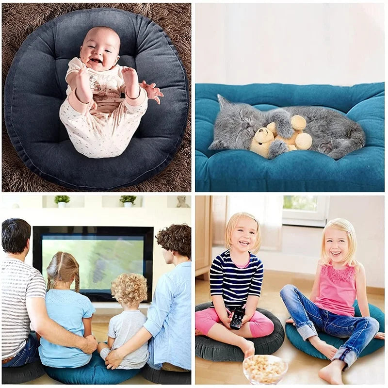 coussin rond velours polyester vert foncé jaune clair bleu foncé moderne confortable