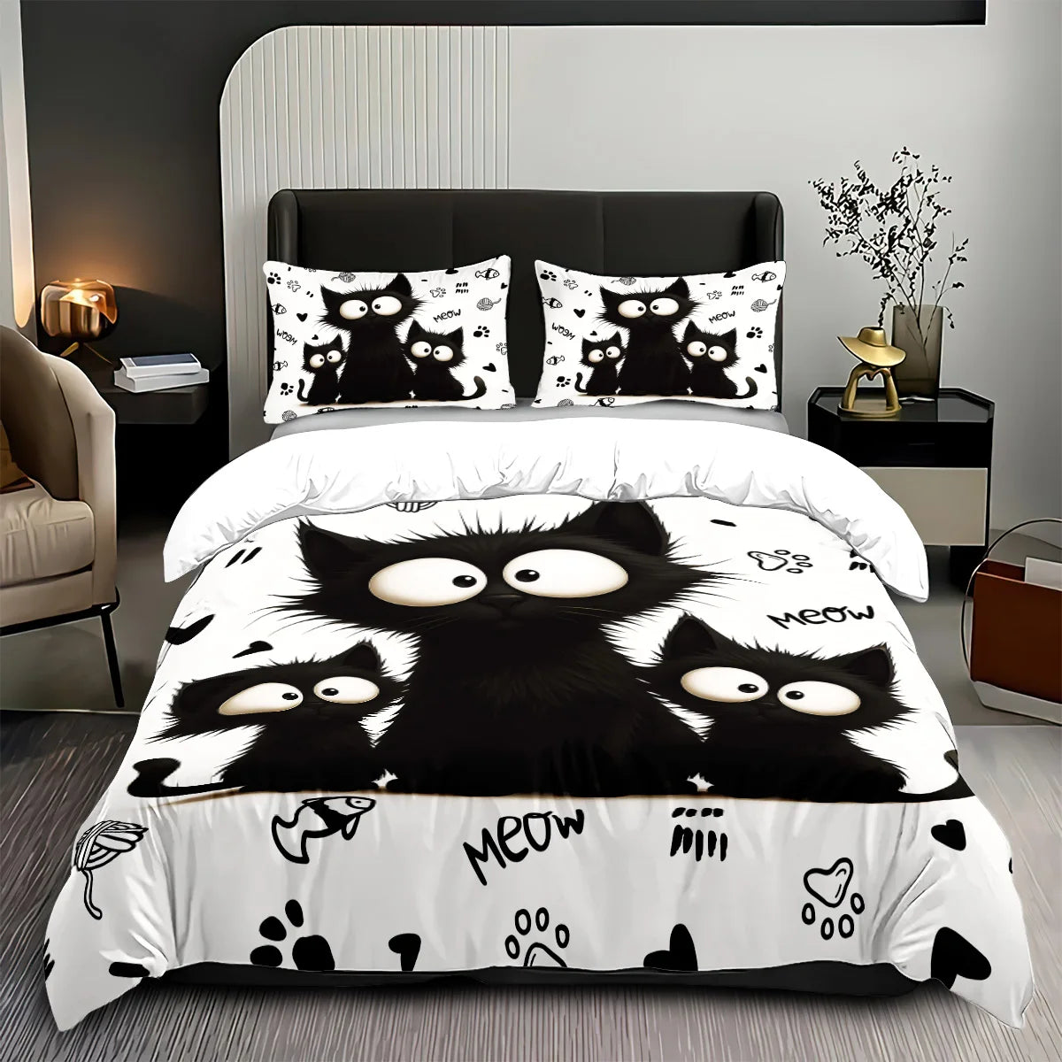 ensemble literie chatons noirs blanc noir poissons coeurs moderne pièces polyester machine