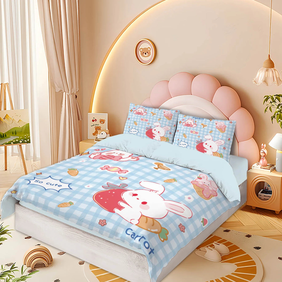 ensemble literie enfantin motif lapins fraises coeurs rose bleu hello so cute carotte