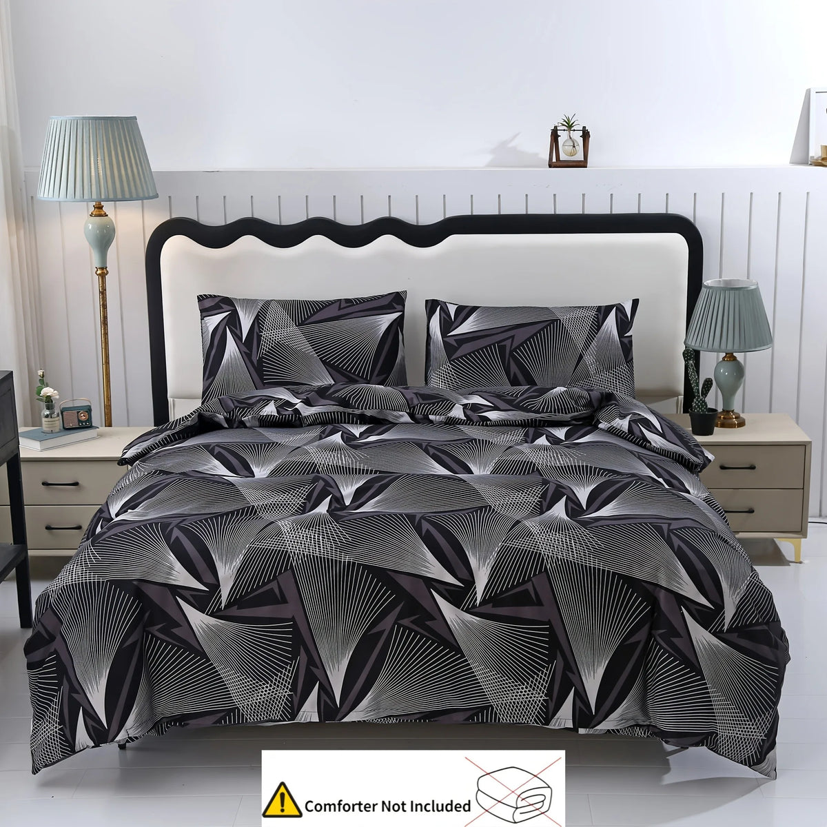 parure lit housse couette taies oreillers motif géométrique noir blanc moderne